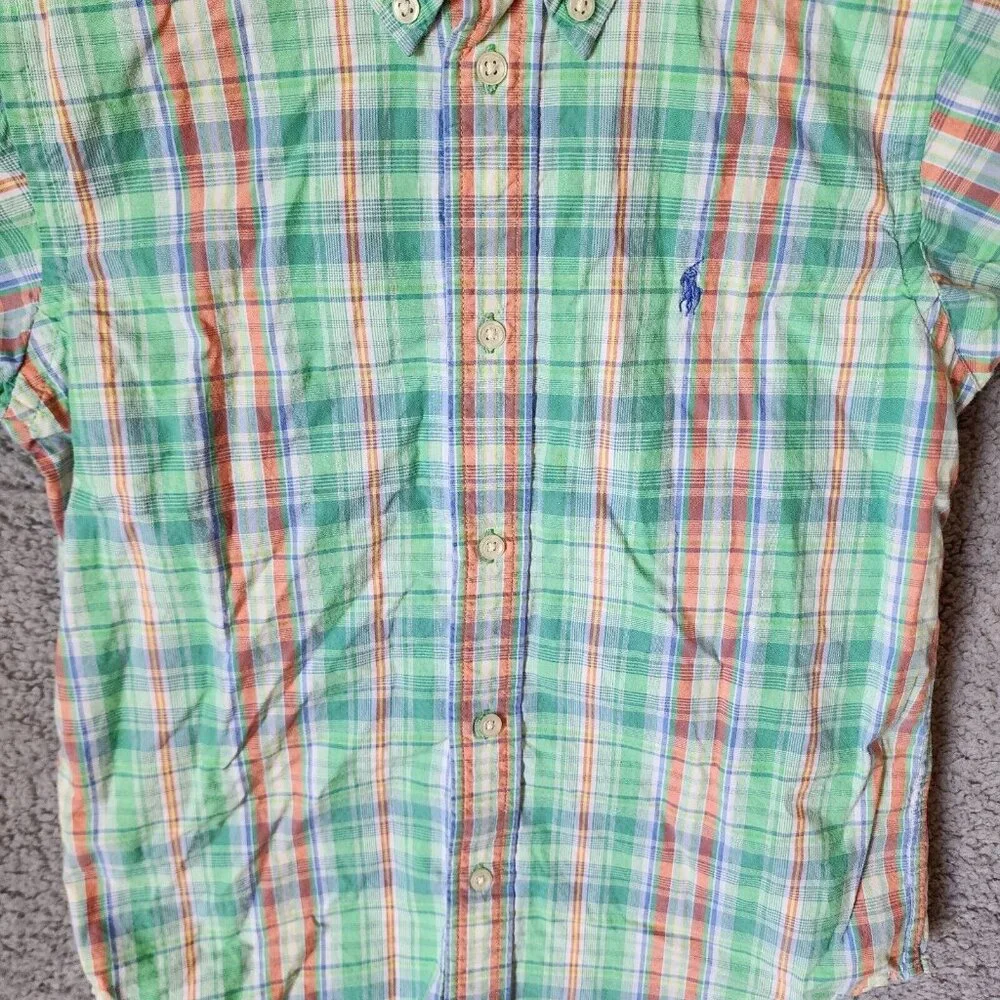 Ralph Lauren Green Plaid Short Sleeve‎ Button Down Pony Logo Shirt Youth Size 7